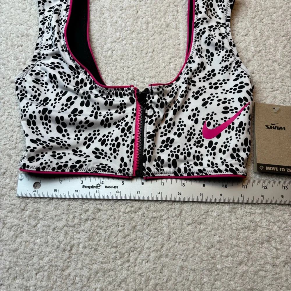 Nike Swim Top Womens S Black White Party Dots Crop Bikini Top Partial Zip‎ Front